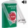 Show product details for SS21A1ES-EN STI Green Indoor Only Flush or Surface w/ Horn Turn-to-Reset Stopper Station with EMERGENCY STOP Label English