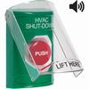 Show product details for SS21A1HV-ES STI Green Indoor Only Flush or Surface w/ Horn Turn-to-Reset Stopper Station with HVAC SHUT DOWN Label Spanish