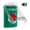 SS21A2ZA-ES STI Green Indoor Only Flush or Surface w/ Horn Key-to-Reset (Illuminated) Stopper Station with Non-Returnable Custom Text Label Spanish