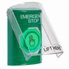 Show product details for SS21A6ES-EN STI Green Indoor Only Flush or Surface w/ Horn Momentary (Illuminated) with Green Lens Stopper Station with EMERGENCY STOP Label English