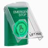 Show product details for SS21A7ES-EN STI Green Indoor Only Flush or Surface w/ Horn Weather Resistant Momentary (Illuminated) with Green Lens Stopper Station with EMERGENCY STOP Label English