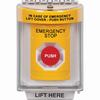 Show product details for SS2244ES-EN STI Yellow Indoor/Outdoor Flush w/ Horn Momentary Stopper Station with EMERGENCY STOP Label English