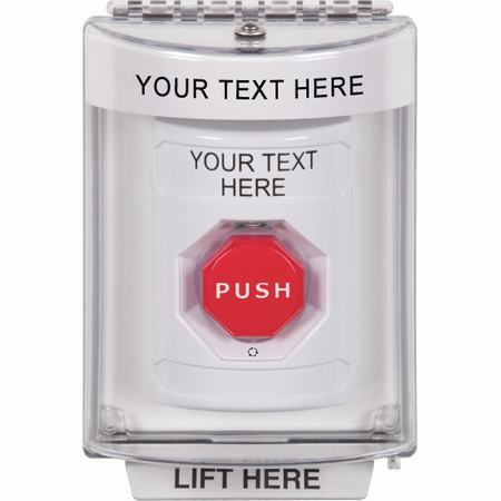 SS2349ZA-EN STI White Indoor/Outdoor Flush w/ Horn Turn-to-Reset (Illuminated) Stopper Station with Non-Returnable Custom Text Label English