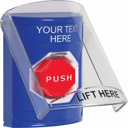 SS2425ZA-EN STI Blue Indoor Only Flush or Surface Momentary (Illuminated) Stopper Station with Non-Returnable Custom Text Label English