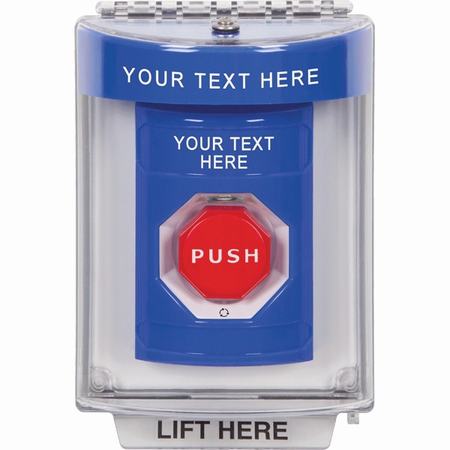 SS2439ZA-EN STI Blue Indoor/Outdoor Flush Turn-to-Reset (Illuminated) Stopper Station with Non-Returnable Custom Text Label English