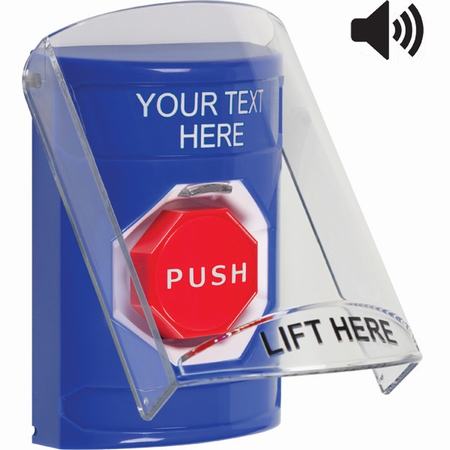 SS24A8ZA-EN STI Blue Indoor Only Flush or Surface w/ Horn Pneumatic (Illuminated) Stopper Station with Non-Returnable Custom Text Label English