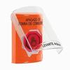 Show product details for SS25A7PS-ES STI Orange Indoor Only Flush or Surface w/ Horn Weather Resistant Momentary (Illuminated) with Red Lens Stopper Station with FUEL PUMP SHUT DOWN Label Spanish