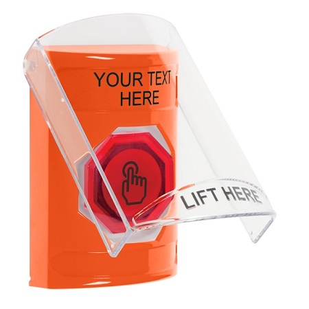 SS25A7ZA-EN STI Orange Indoor Only Flush or Surface w/ Horn Weather Resistant Momentary (Illuminated) with Red Lens Stopper Station with Non-Returnable Custom Text Label English