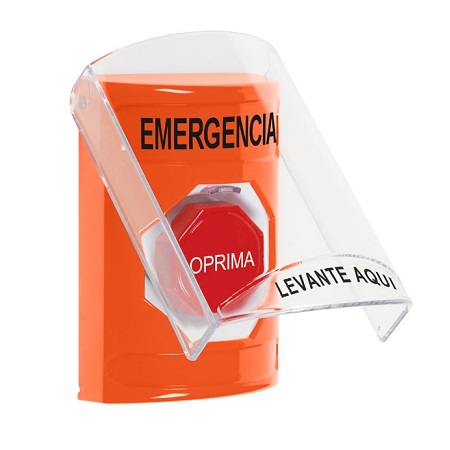 SS25A8EM-ES STI Orange Indoor Only Flush or Surface w/ Horn Pneumatic (Illuminated) Stopper Station with EMERGENCY Label Spanish